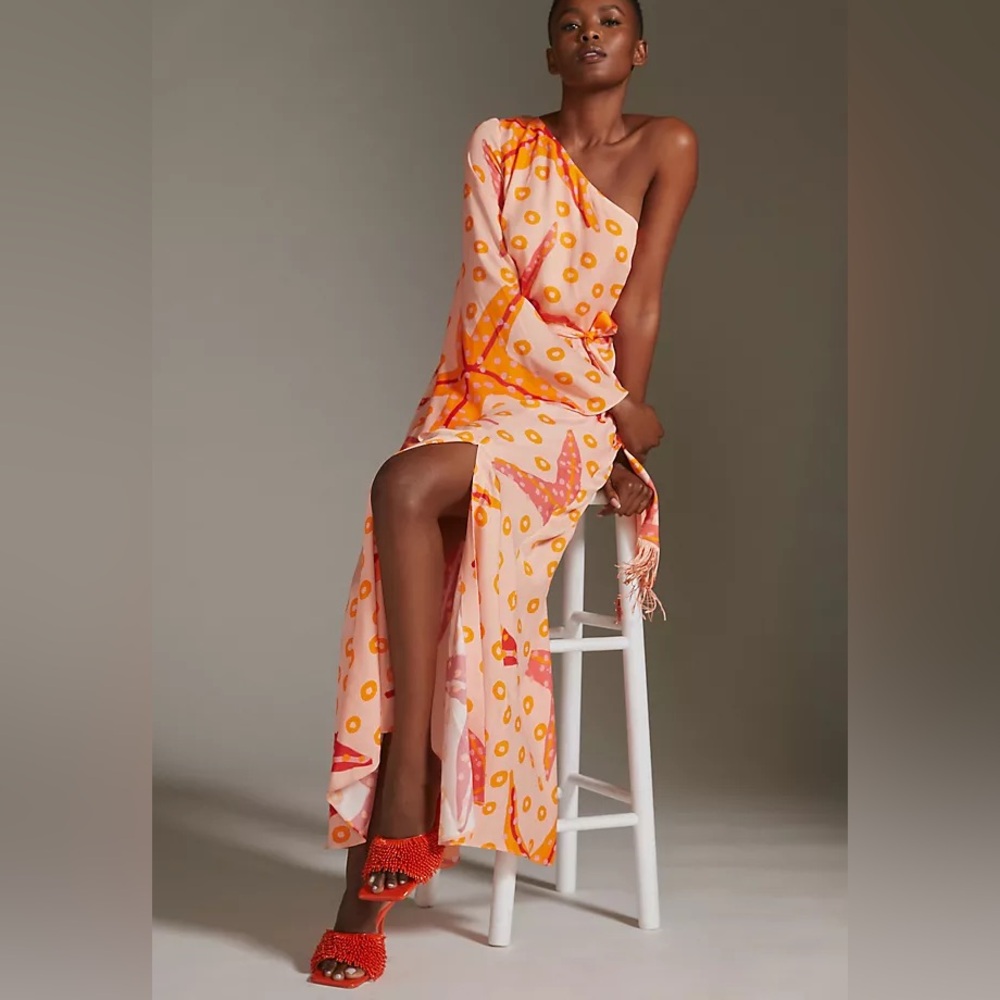 FARM X Anthropologie One-Shoulder Starfish Pink and Orange Dress
